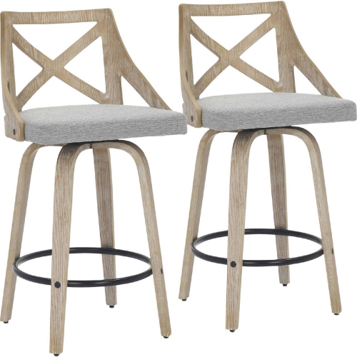 Charlotte Counter Stool in White Washed Wood & Light Grey Fabric (Set of 2)
